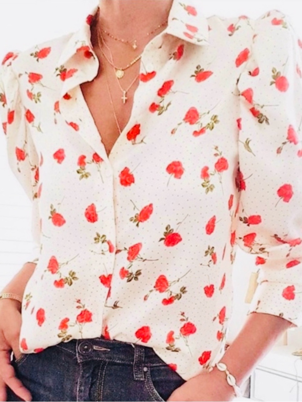 Zara Cream Blouse with Red Floral Print